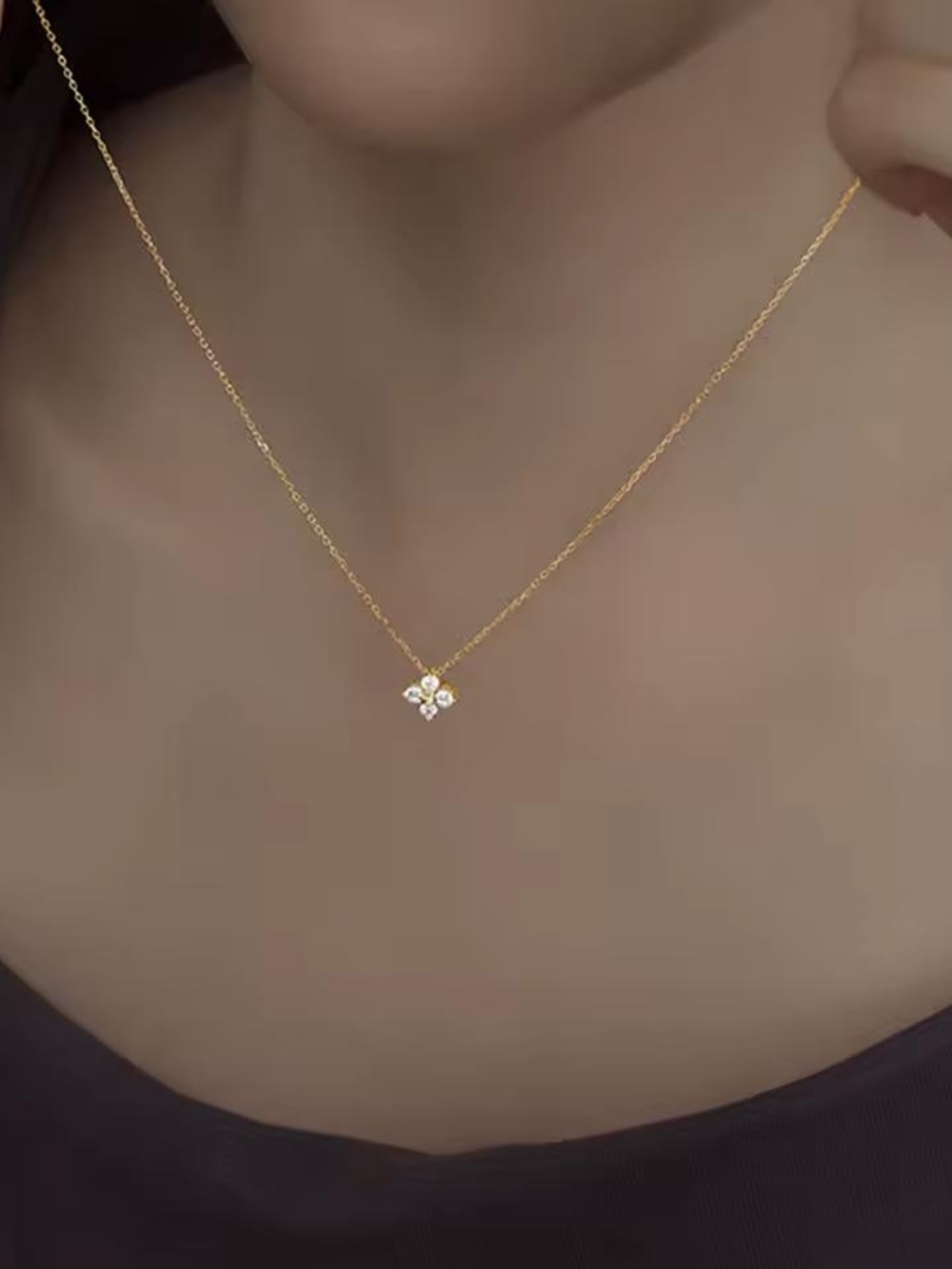 Gold Floral CZ Cluster Pendant Necklace - Picture 4 of 4